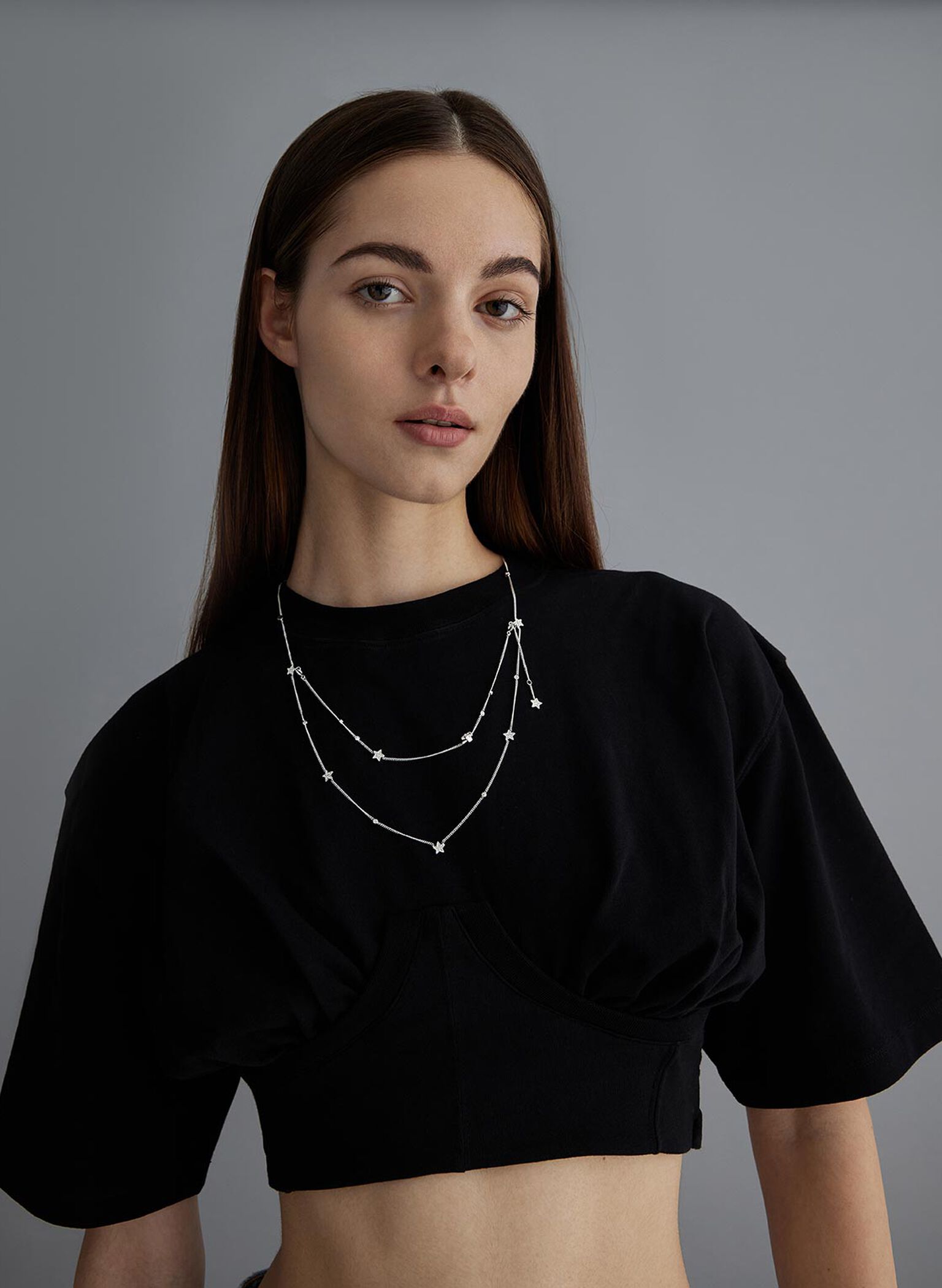 Horoscope Crystal Star Double-Chain Necklace, Silver, hi-res