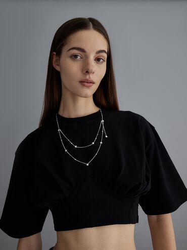 Horoscope Crystal Star Double-Chain Necklace, Silver, hi-res
