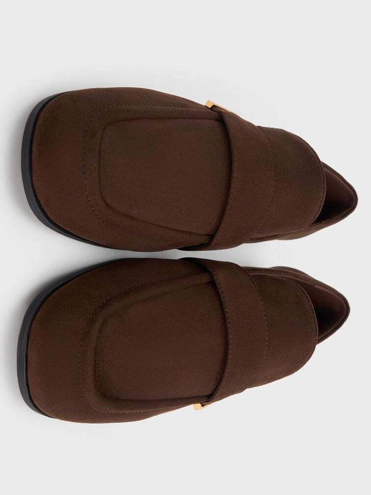 Faux Suede Almond-Toe Flat Loafers, Dark Brown, hi-res