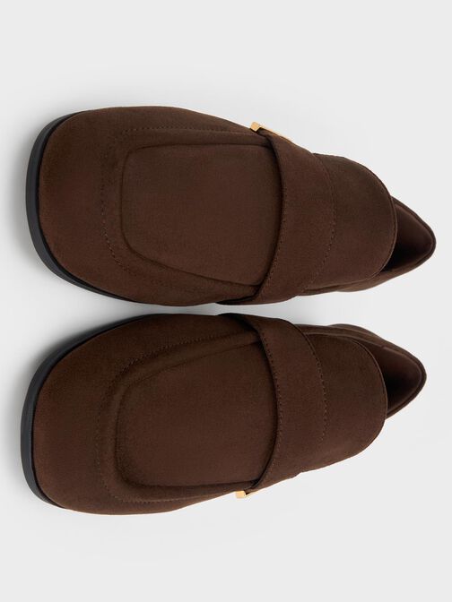Faux Suede Almond-Toe Flat Loafers, Dark Brown, hi-res