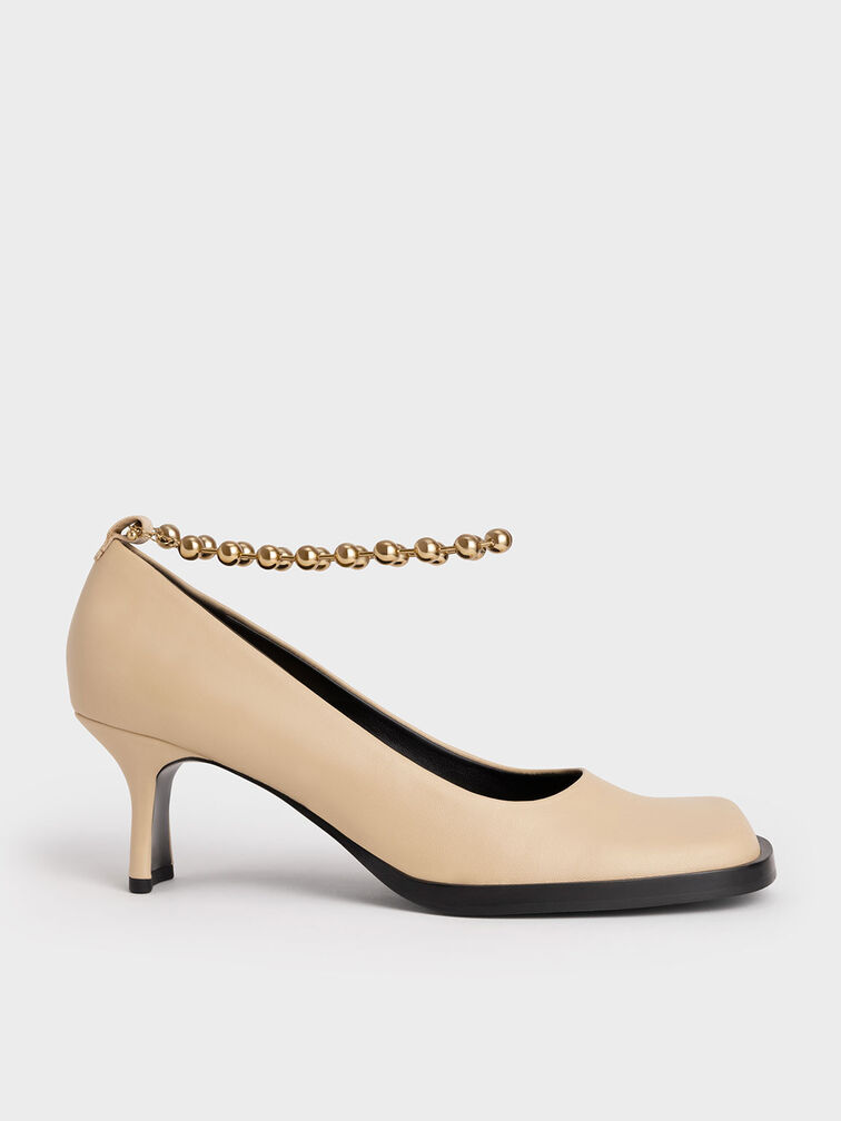 Embellished Ankle Strap Leather Pumps, Sand, hi-res