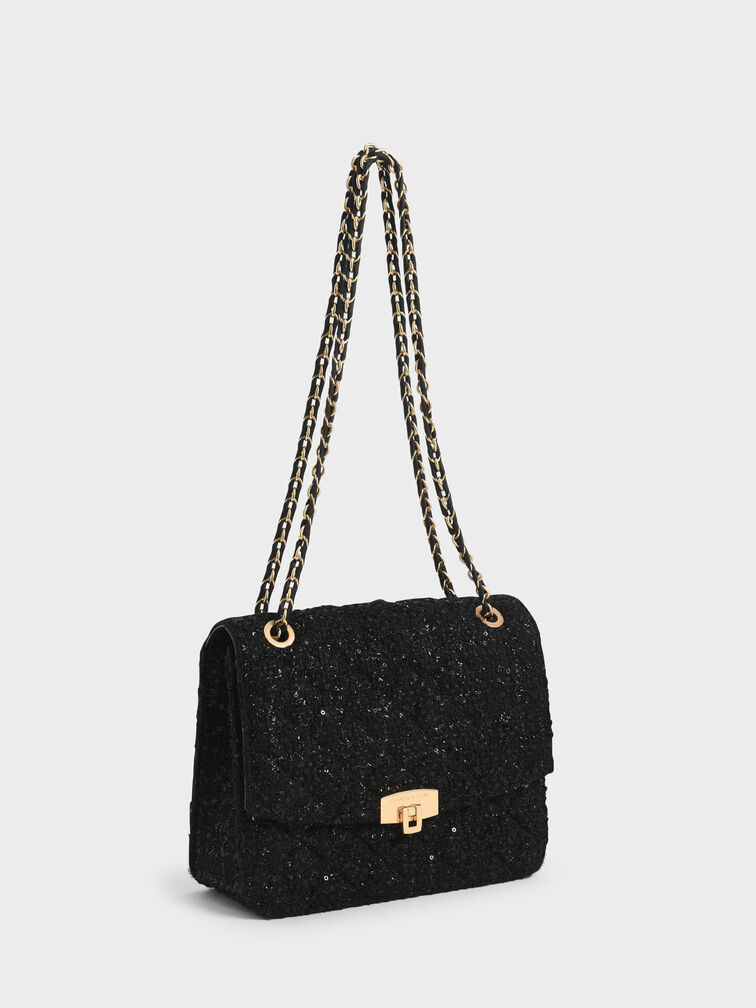 Tweed Bag With Chain Strap - Black - Woman - Party Bags 