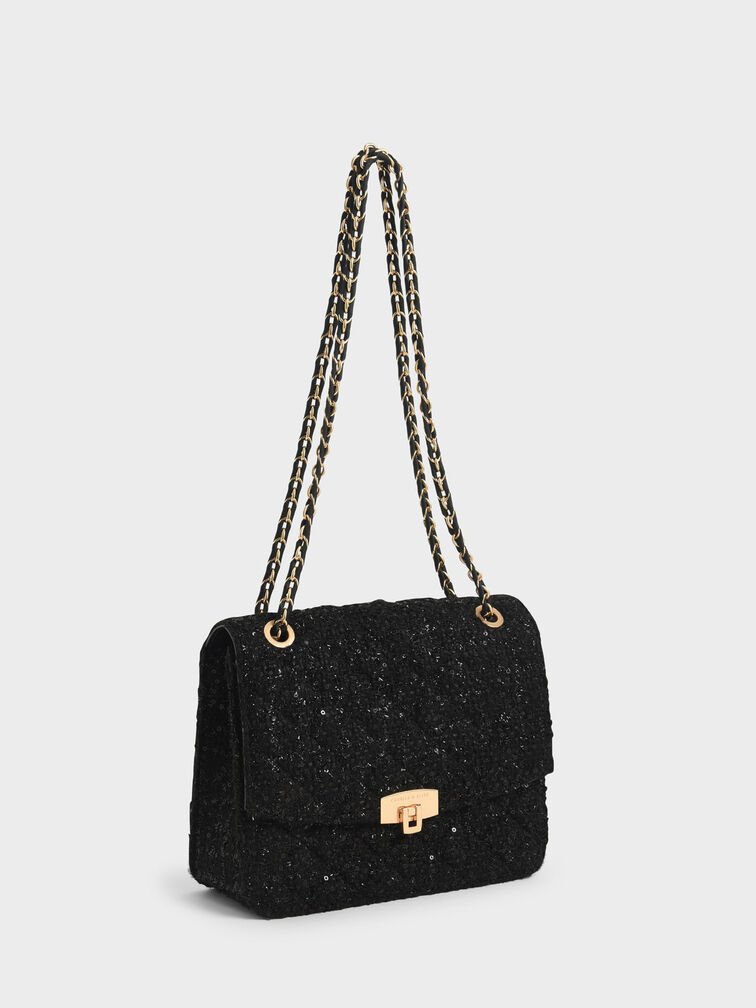 Tweed Chain Strap Bag, Black, hi-res