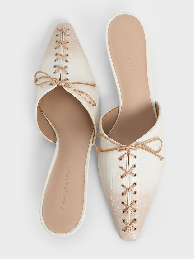 Croc-Effect Lace-Up Pointed-Toe Kitten-Heel Mules, Animal Print Natural, hi-res