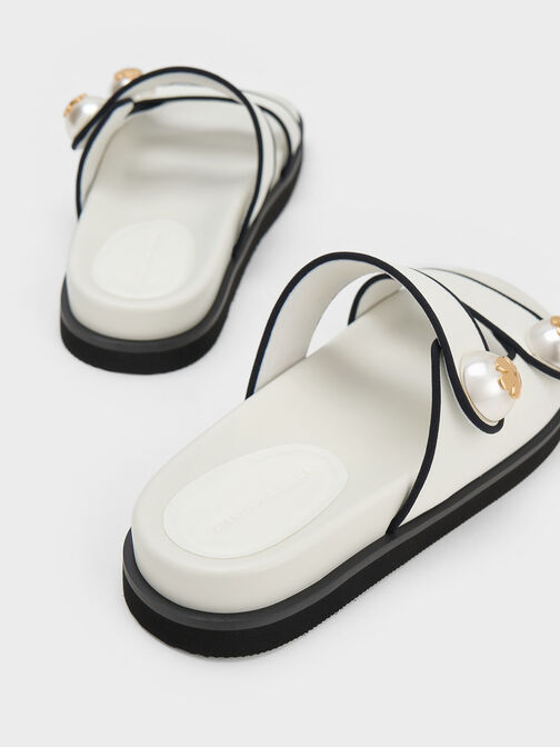 Pearl Embellished Contrast-Trim Slides, White, hi-res