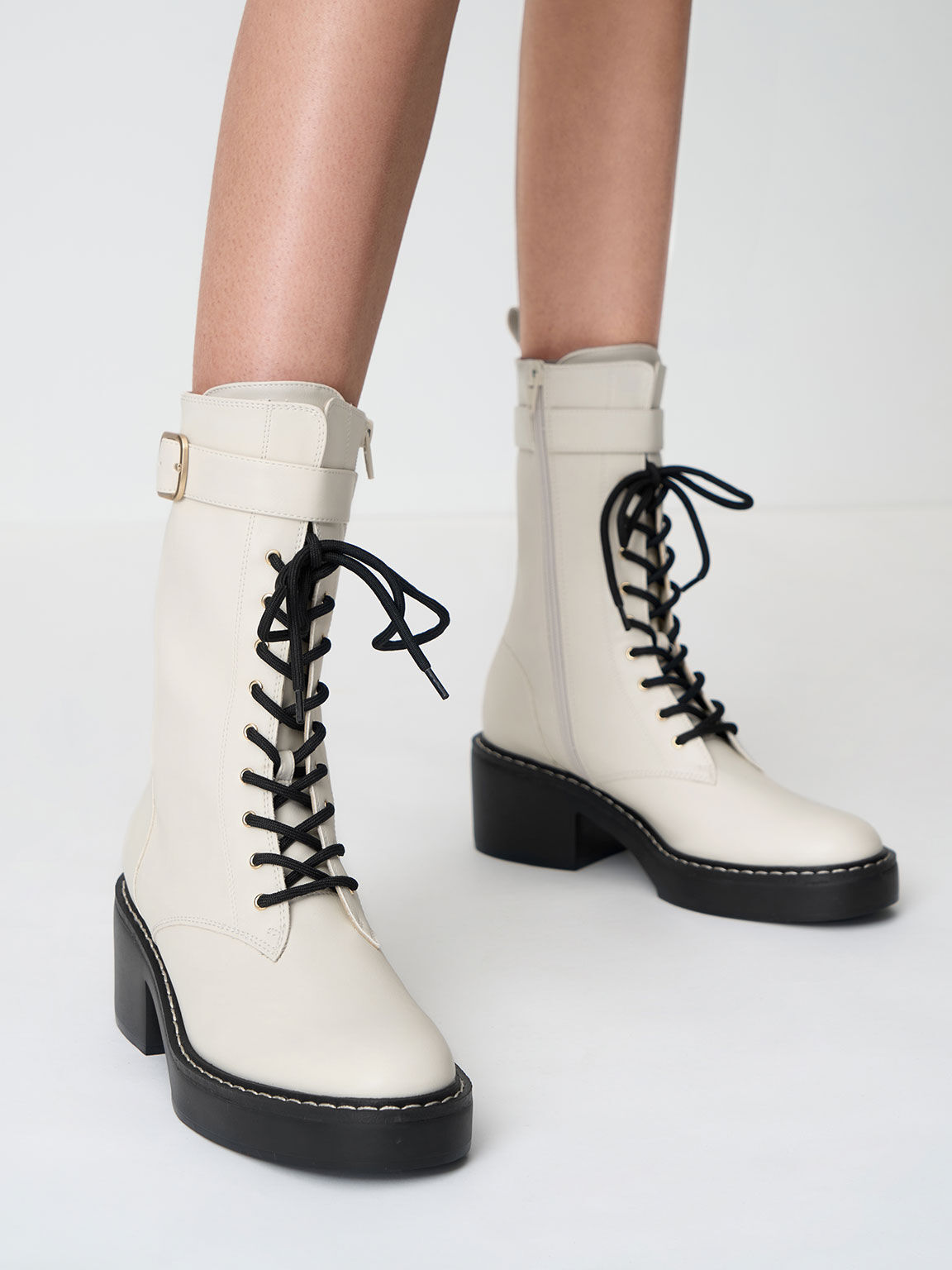 Buckled Lace-Up Platform Boots, Chalk, hi-res