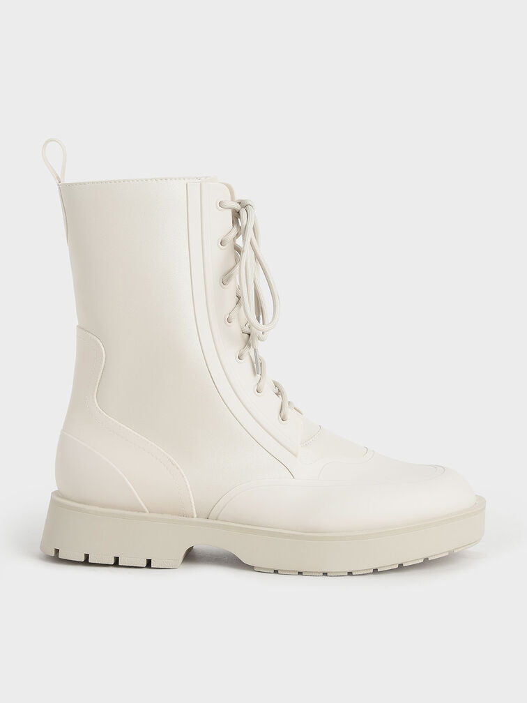 Lace-Up Calf Boots, White, hi-res