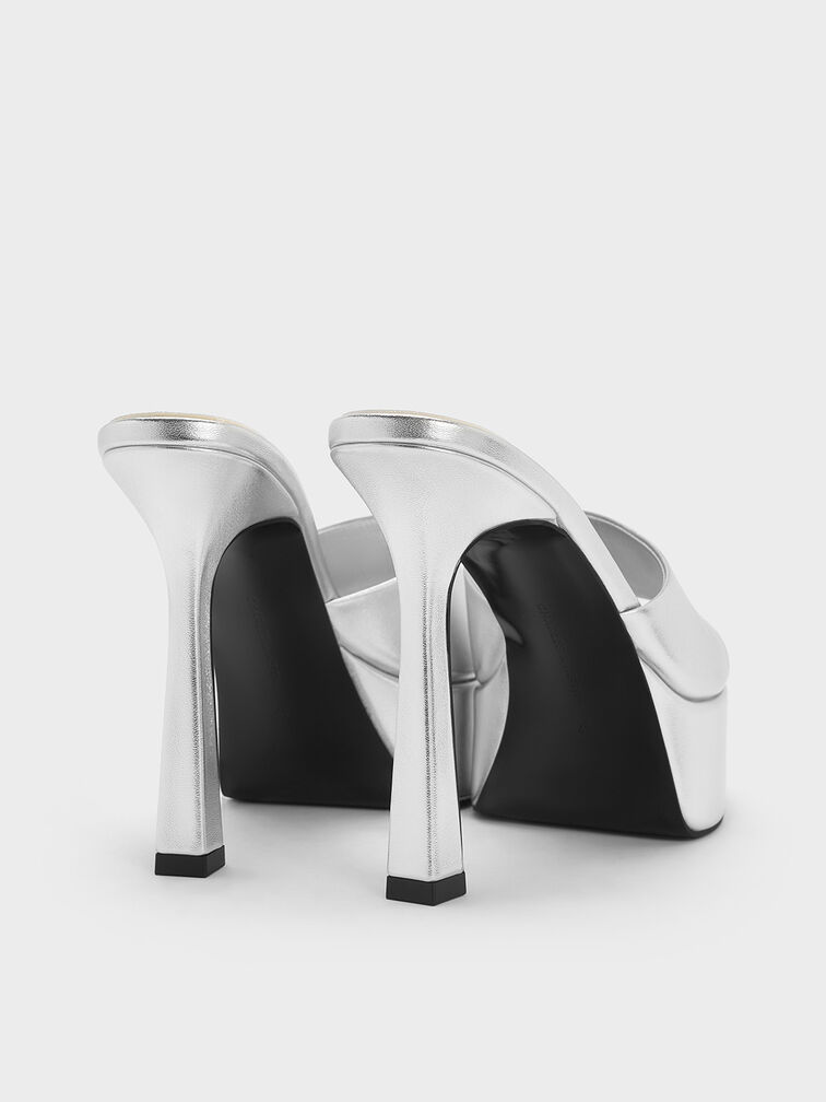 Metallic High-Heel Platform Mules, Silver, hi-res