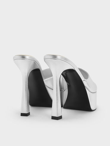 Metallic High-Heel Platform Mules, Silver, hi-res