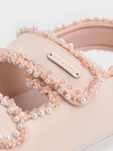 Girls' Elastane Pearl-Embellished Flatform Sandals, Light Pink, hi-res