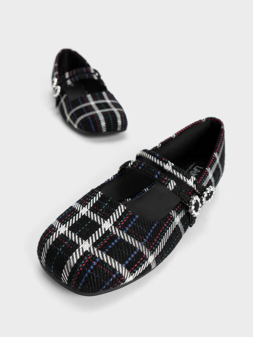 Girls' Gem-Embellished Checkered Mary Janes, Black, hi-res
