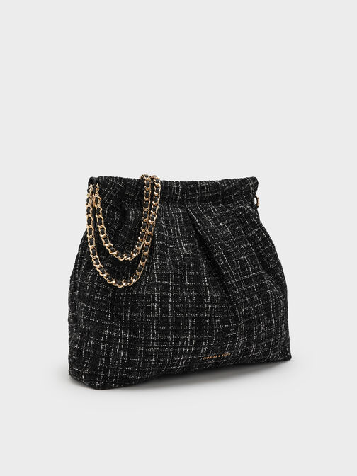 Duo Tweed Double-Chain Hobo Bag, Black Tweed, hi-res