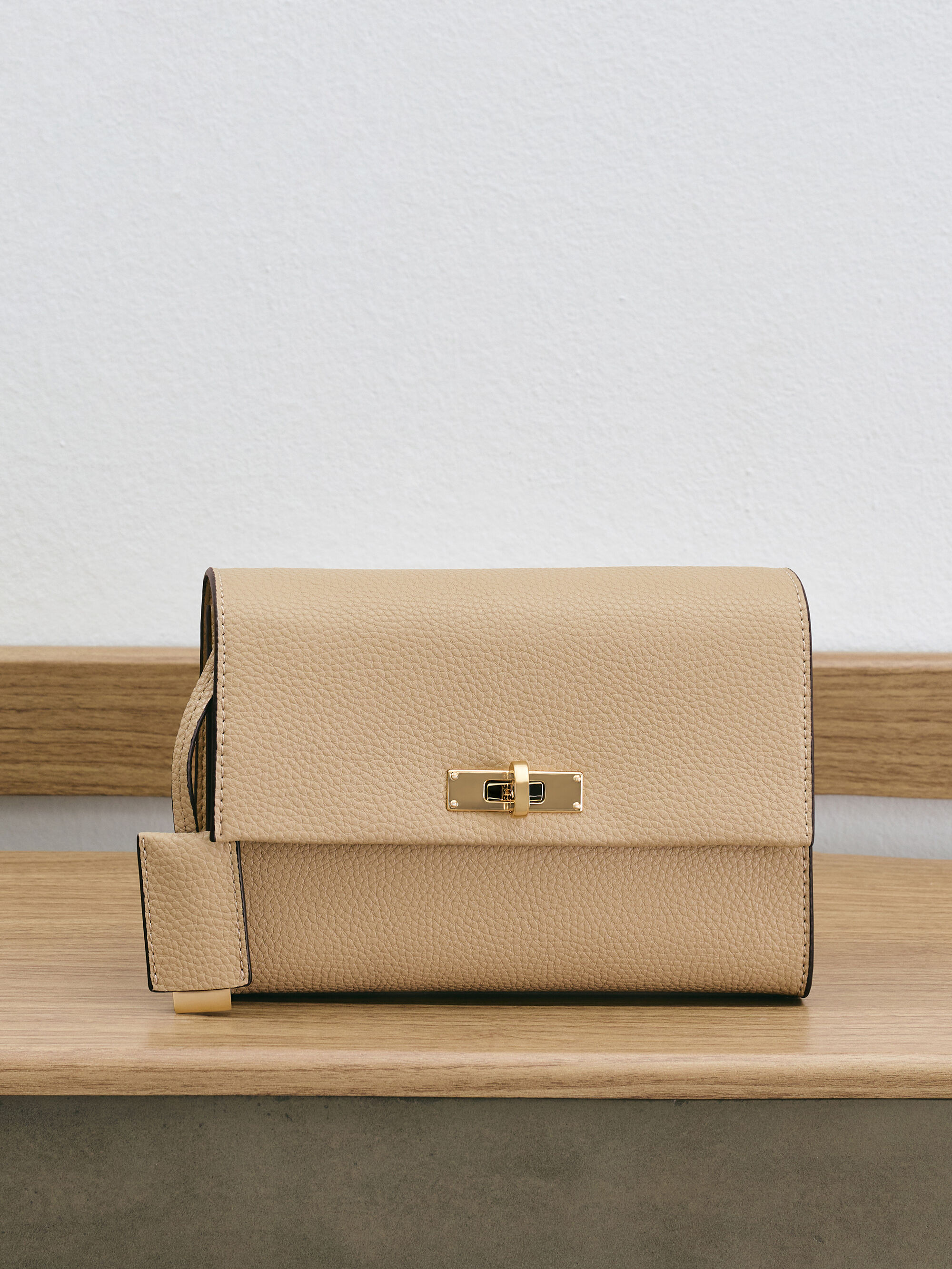 Nutmeg Beige Chance Recycled Leather Turn-Lock Crossbody Bag