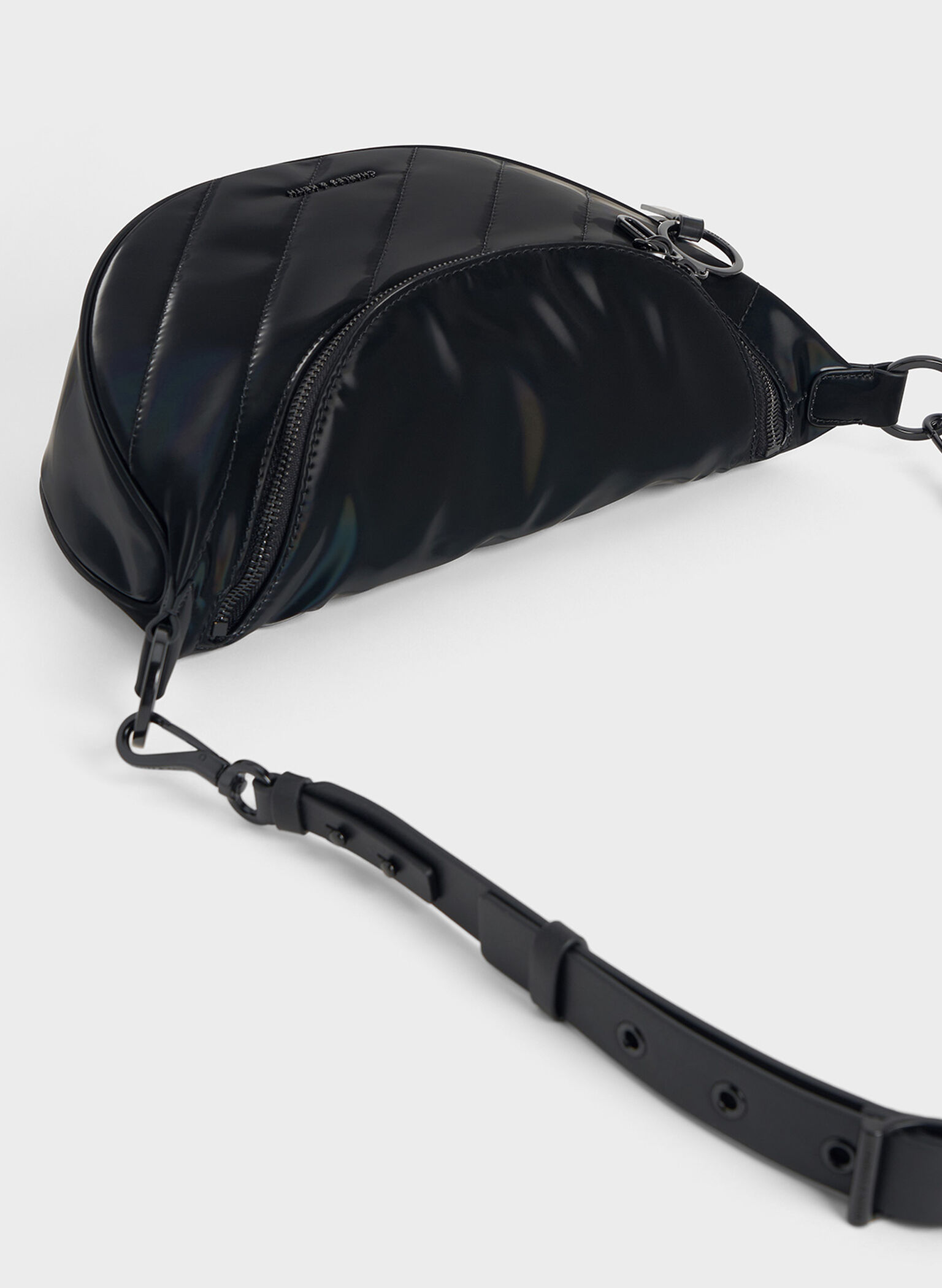 Philomena Shiny Half-Moon Crossbody Bag, Jet Black, hi-res