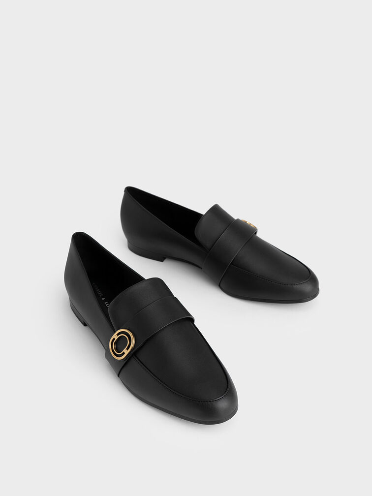 Metallic Accent Almond-Toe Penny Loafers, Black, hi-res