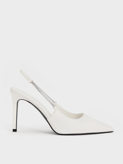 Chain-Link Pointed-Toe Slingback Pumps, White, hi-res