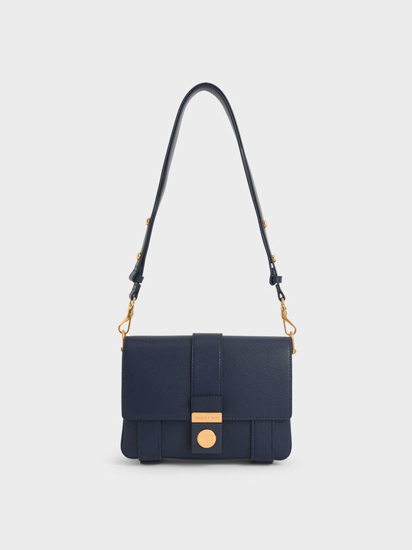 Metallic Push-Lock Shoulder Bag, Dark Blue, hi-res
