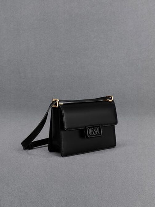 Leather Boxy Bag, Black, hi-res