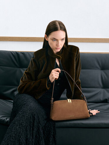 데이나 리사이클 스웨이드 더블 스트랩 숄더백, 모카 브라운, hi-res