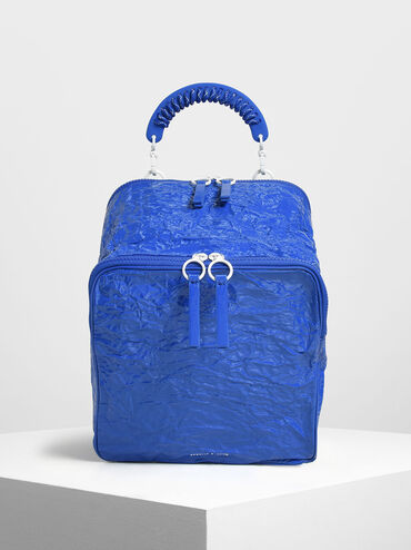 Rope Handle Wrinkled Effect Patent Backpack, Blue, hi-res