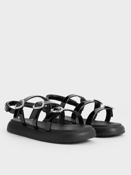 Girls' Patent Heart-Embellished Strappy Sandals, Black Patent, hi-res