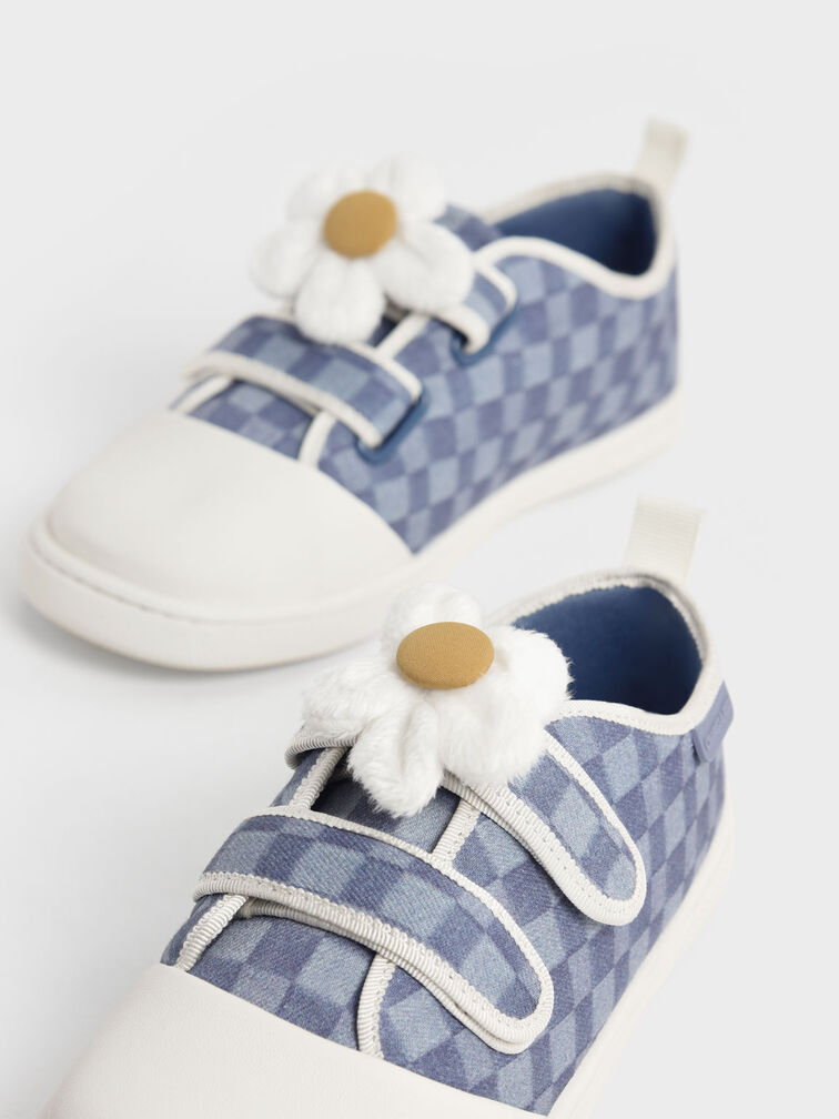 Charles & Keith - Girls' Flower-Embellished Denim check-print Sneakers, Blue, US 13.5