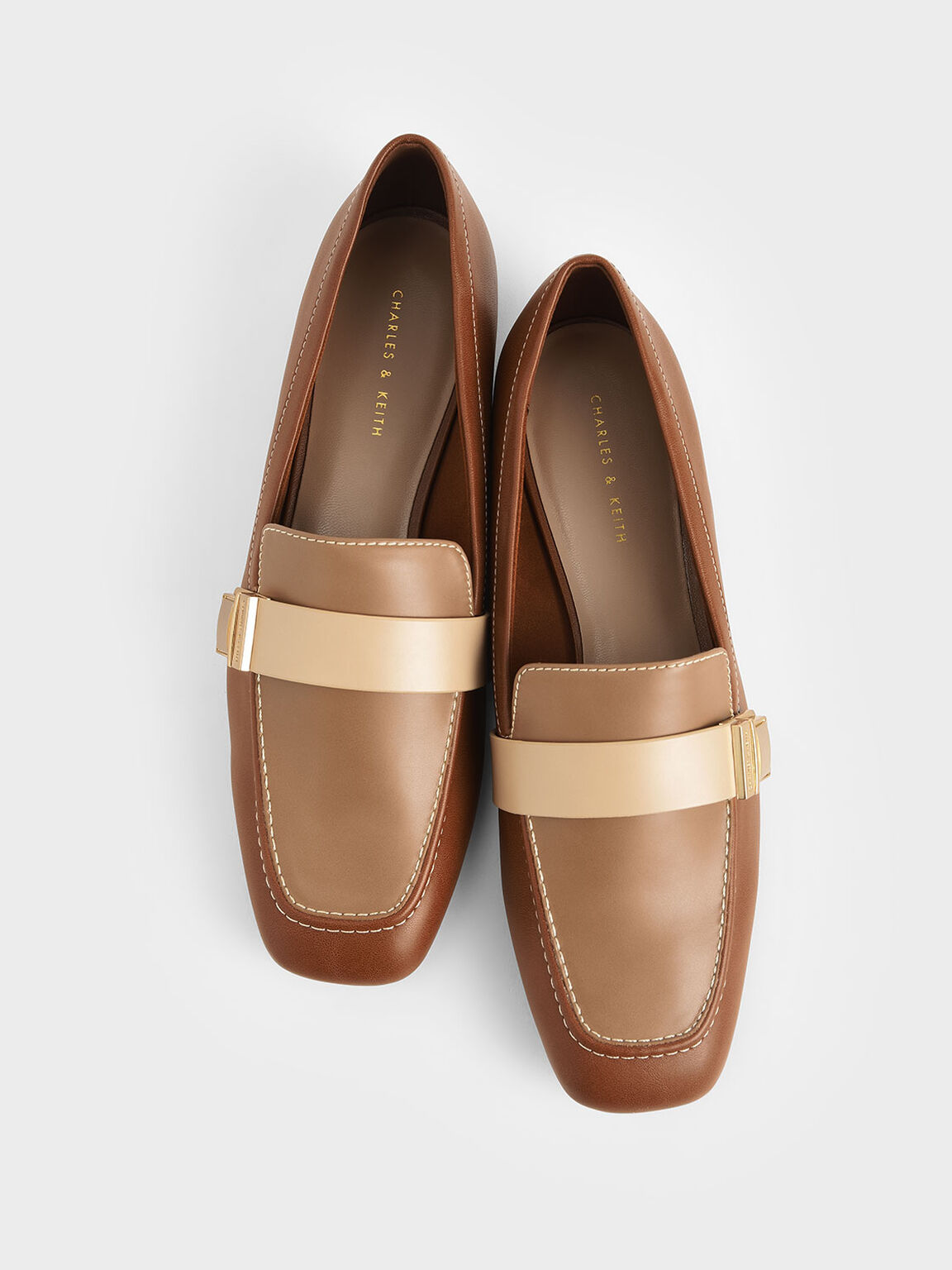 Metallic Buckle Penny Loafers, Cognac, hi-res