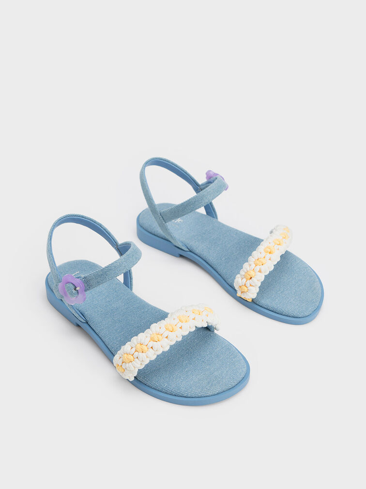 Girls' Floral Denim Sandals, Light Blue, hi-res