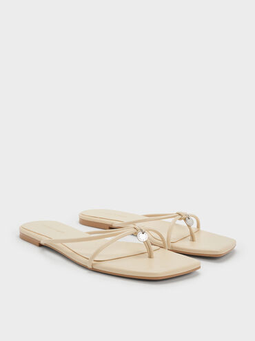 Metallic-Charm Strappy Thong Sandals, Beige, hi-res