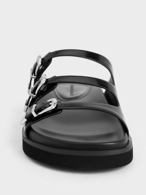 Buckled Triple-Strap Sandals, Black Box, hi-res
