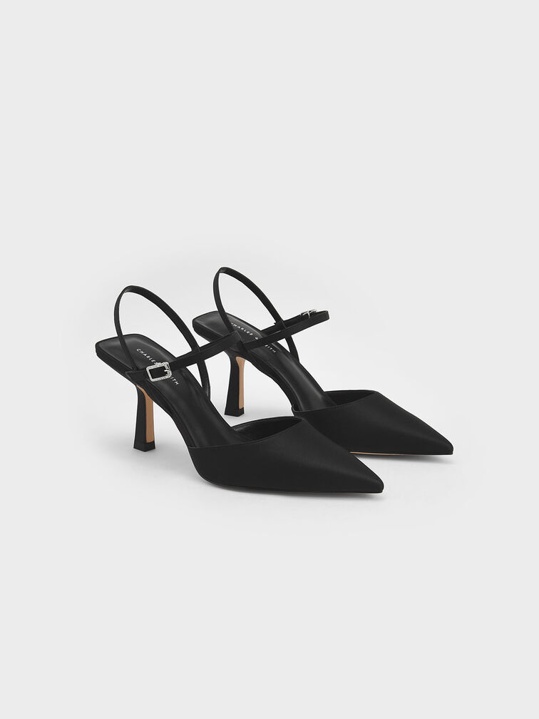 Satin Ankle-Strap Pumps, Black, hi-res