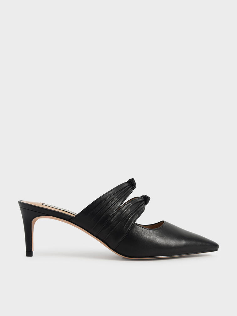 Leather Knot Detail Heeled Mules, Black, hi-res