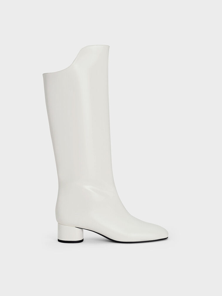 Elongated Square-Toe Knee-High Boots, White, hi-res