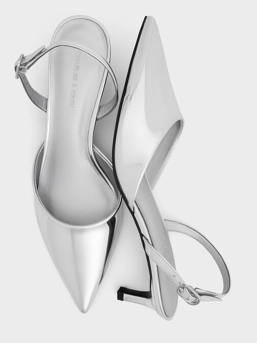 Metallic Pointed-Toe Slingback Kitten Heels, Silver, hi-res