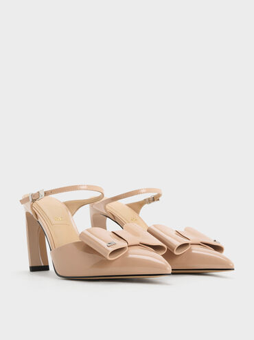 Lu Patent Leather Bow Blade-Heel Mules, Nude, hi-res