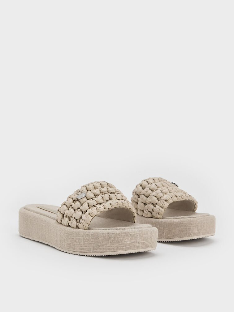 Raffia Woven Flatform Sandals, Beige, hi-res