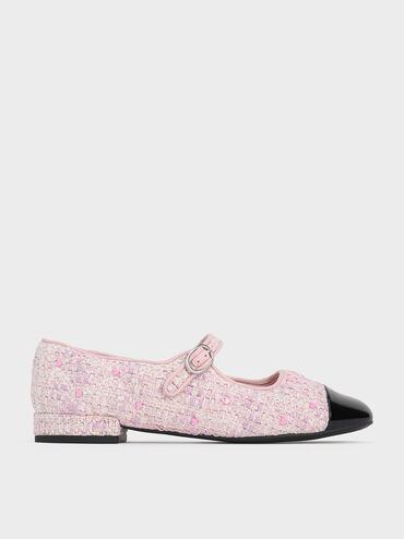 Dahlia Tweed Heart-Print Mary Janes, Pink, hi-res