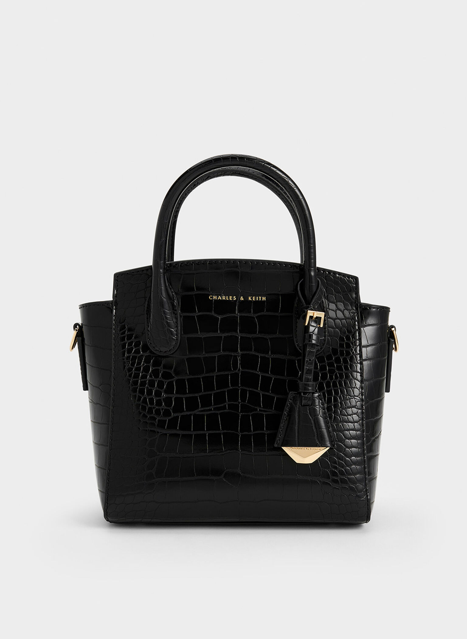 Harper Croc-Effect Structured Top Handle Bag, Black, hi-res