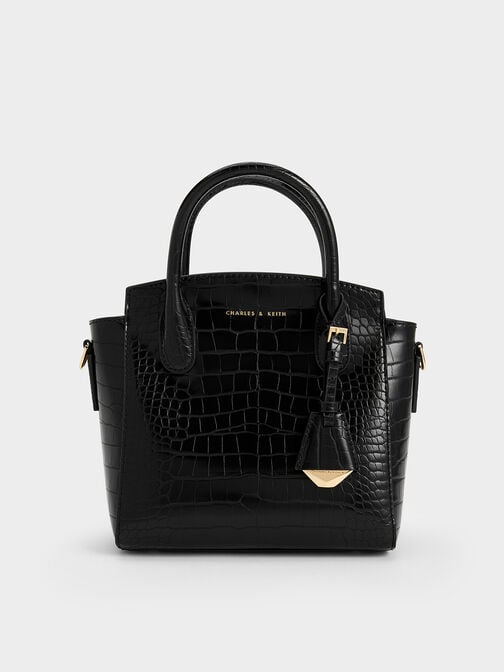 Croc-Effect Trapeze Tote Bag, Black, hi-res