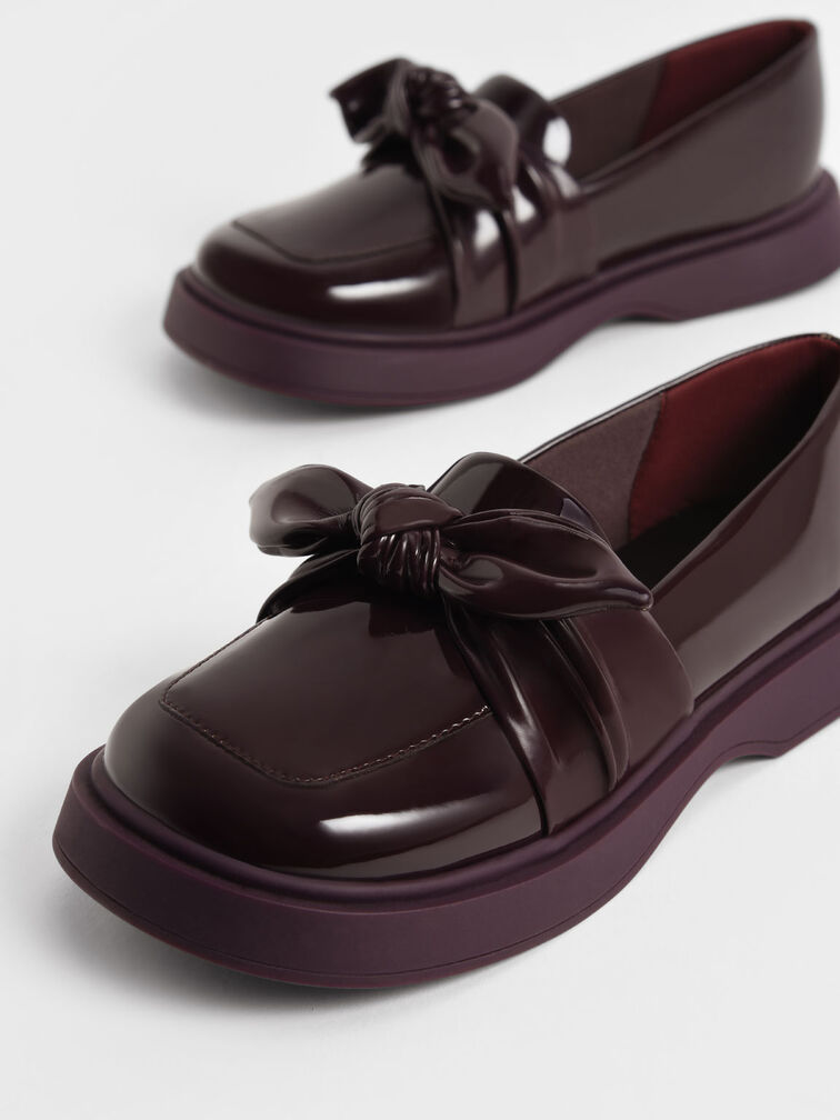 Girls' Patent Bow Loafers, Maroon, hi-res