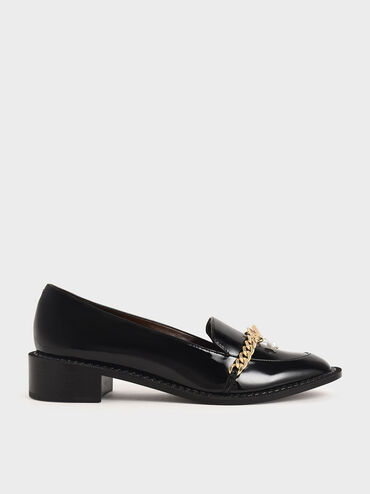 Patent Chain Link Loafers, Black, hi-res
