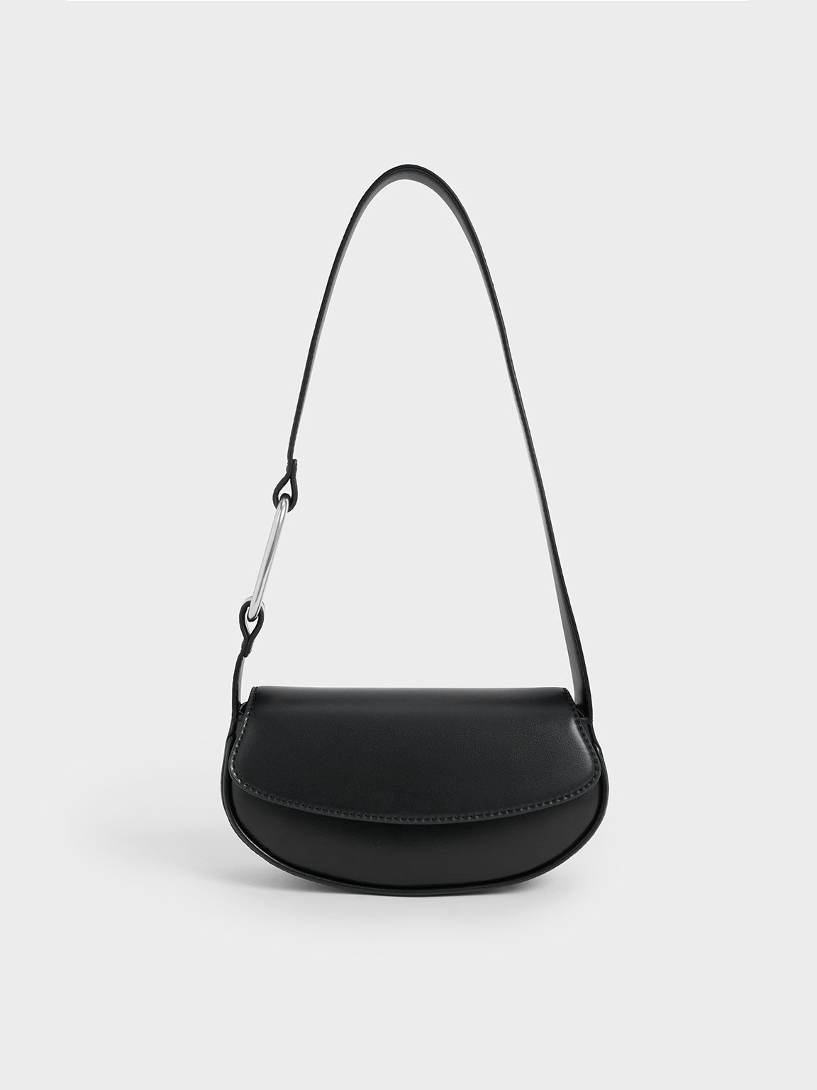 Curved Front Flap Shoulder Bag, Black, hi-res