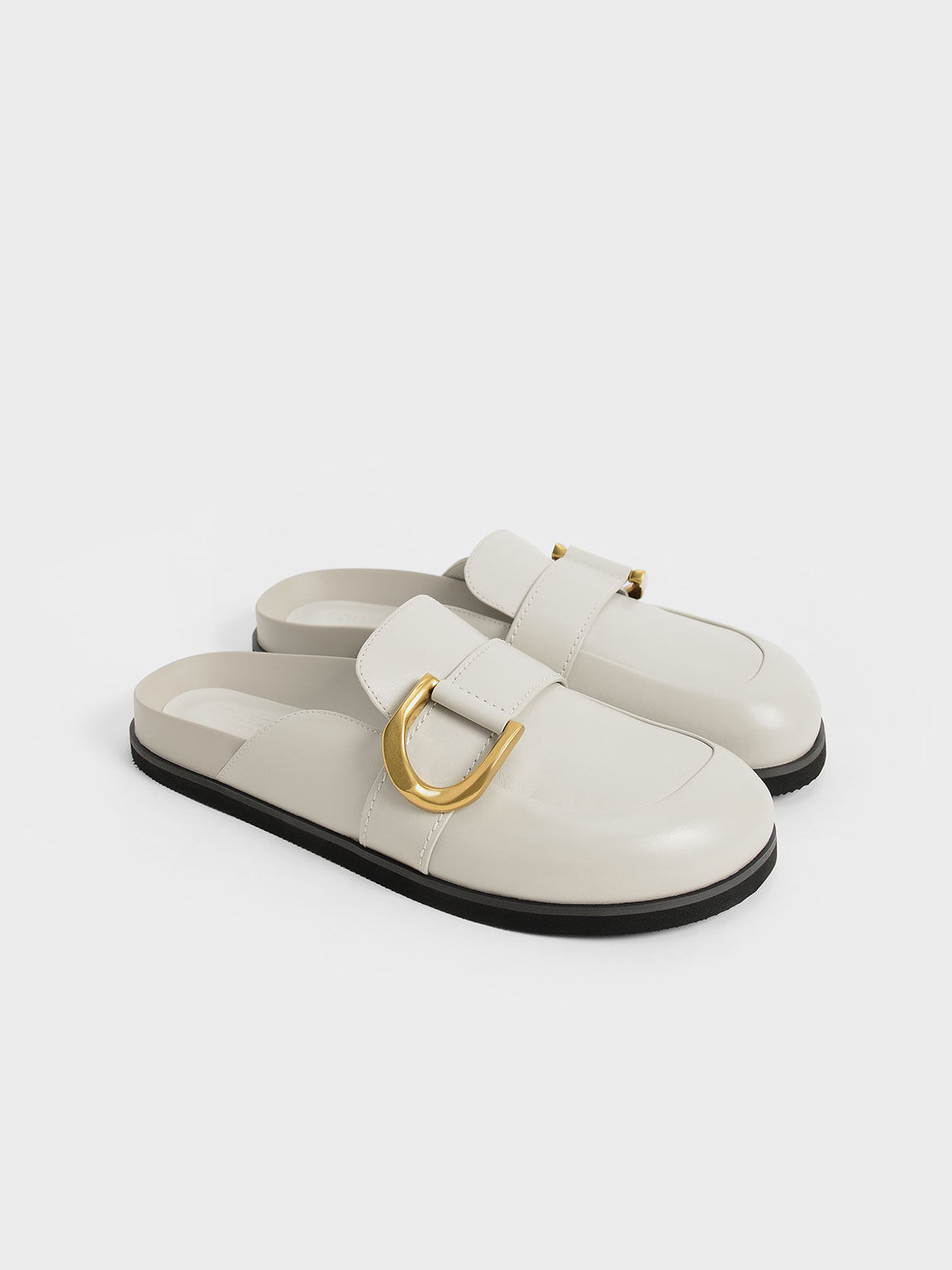 Chalk Gabine Buckled Leather Loafer Mules - CHARLES & KEITH US