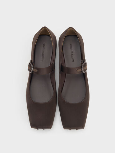 Satin Buckled Square-Toe Mary Jane Flats, Dark Brown Textured, hi-res