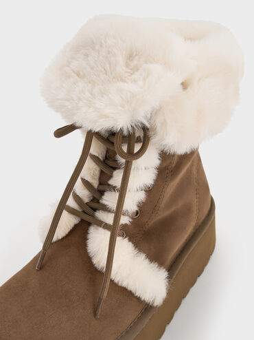 Faux Suede & Faux Fur Foldover Flatform Boots, Brown, hi-res