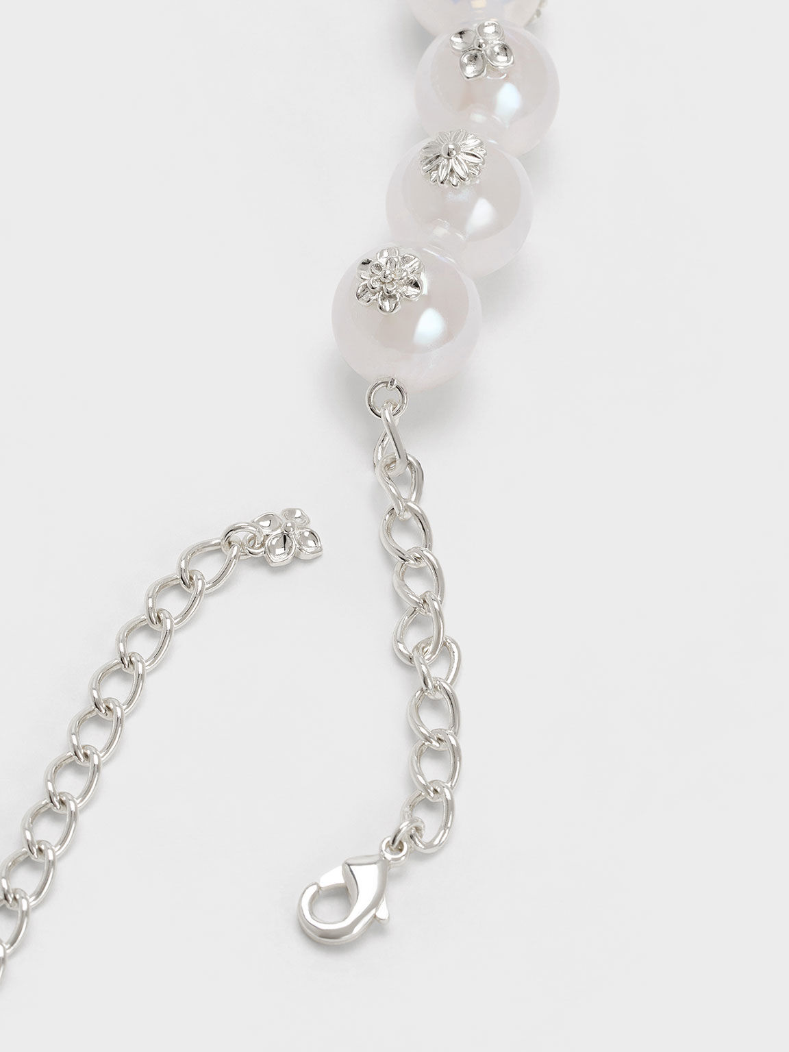 Flower-Embellished Pearl Necklace, Silver, hi-res