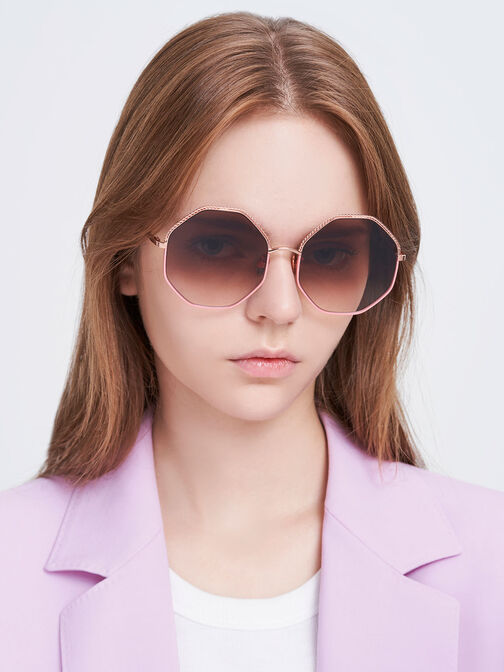 Hexagonal Wire-Frame Sunglasses, Pink, hi-res