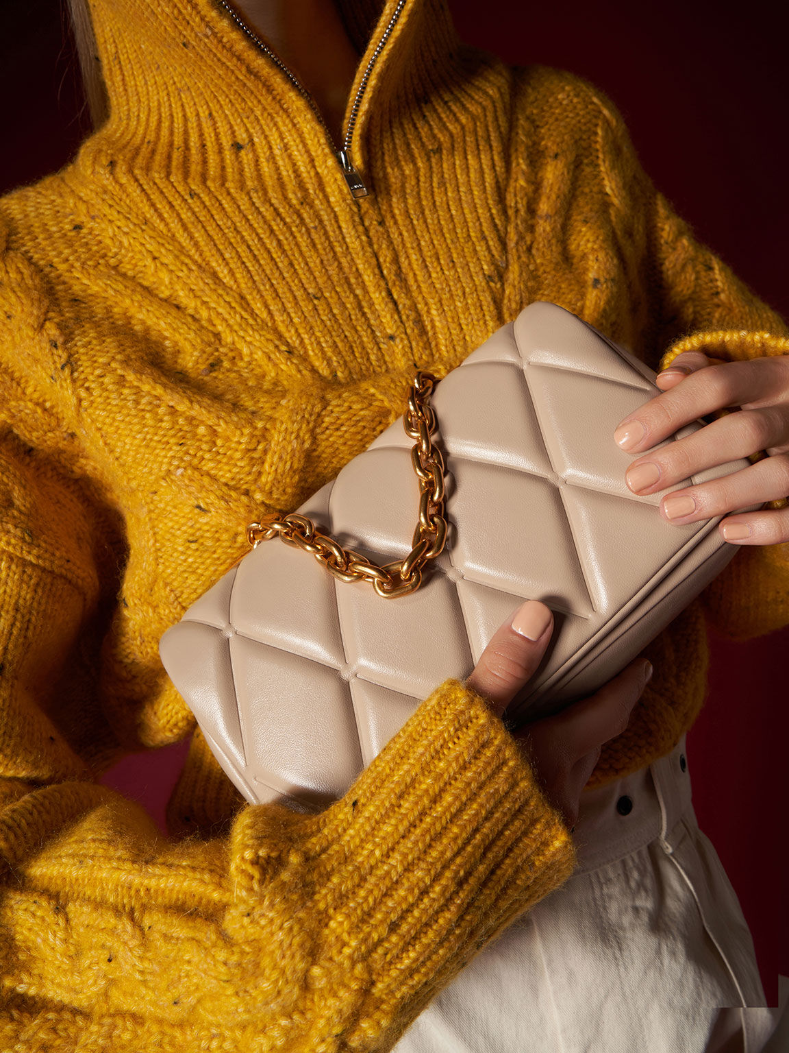 Candy Chain-Handle Quilted Bag, Beige, hi-res