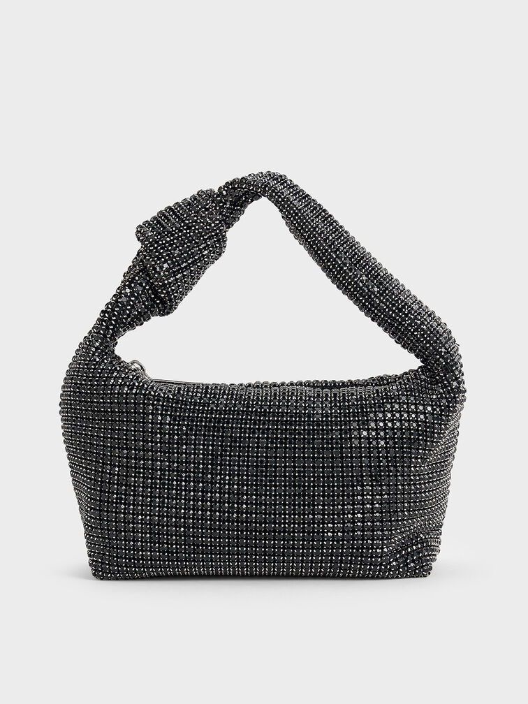 Bolso con tiras anudadas y adornos de cristal, Noir, hi-res