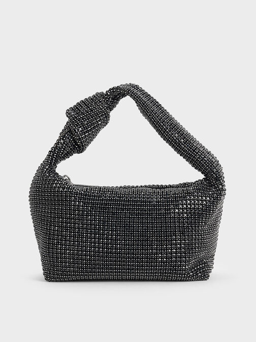 Bolso con tiras anudadas y adornos de cristal, Noir, hi-res